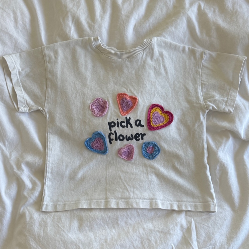 Zara Kids 'Pick a Flower' White Tee with Colorful Heart Appliqués, Size 4-5
